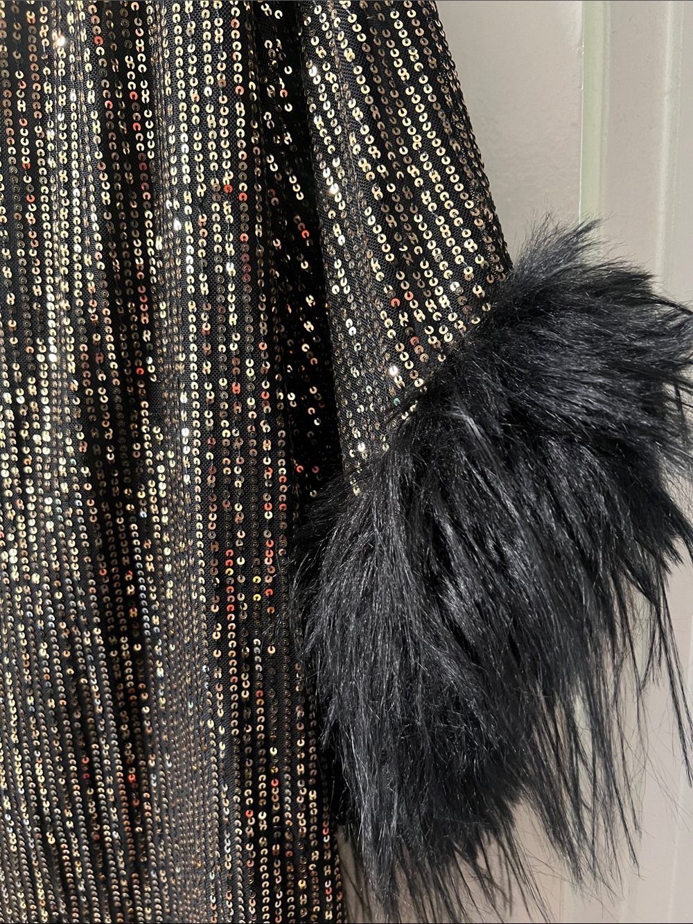 Sequin mini dress with fur trimmed sleeves - Picture 2 of 3